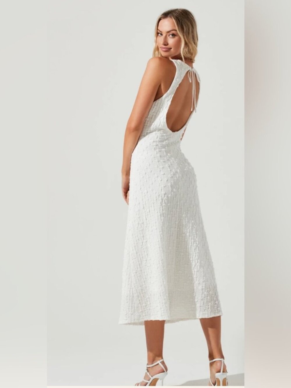 Sleeveless White Textured Halter Maxi Dress